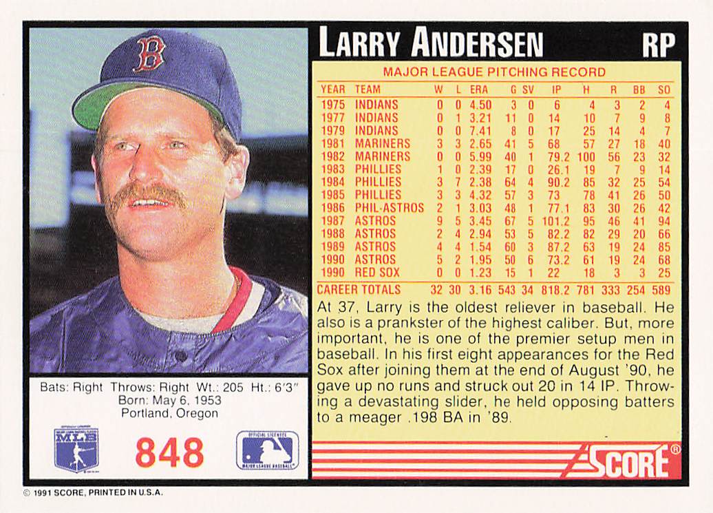 1991 Score Baseball Larry Andersen #848