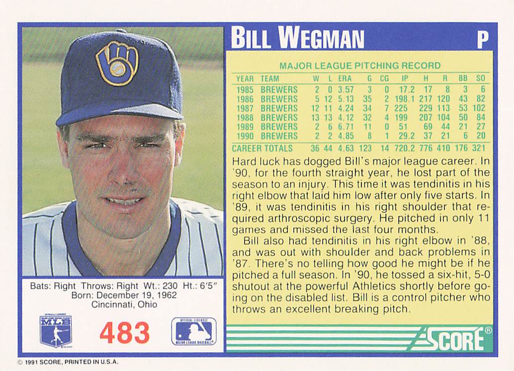 1991 Score Baseball Bill Wegman #483