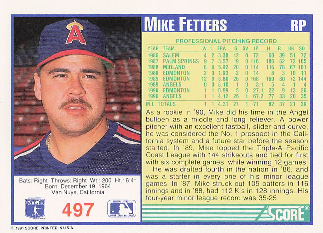 1991 Score Baseball Mike Fetters #497