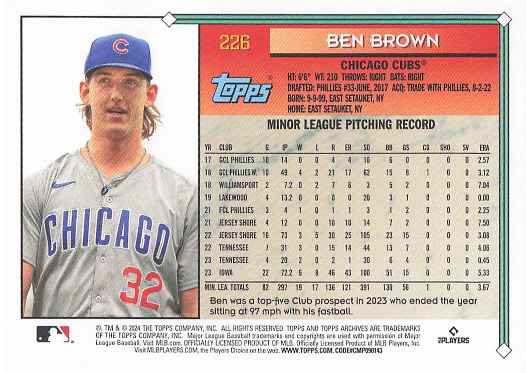 2024 Topps Archives Baseball Ben Brown #226 Rookie