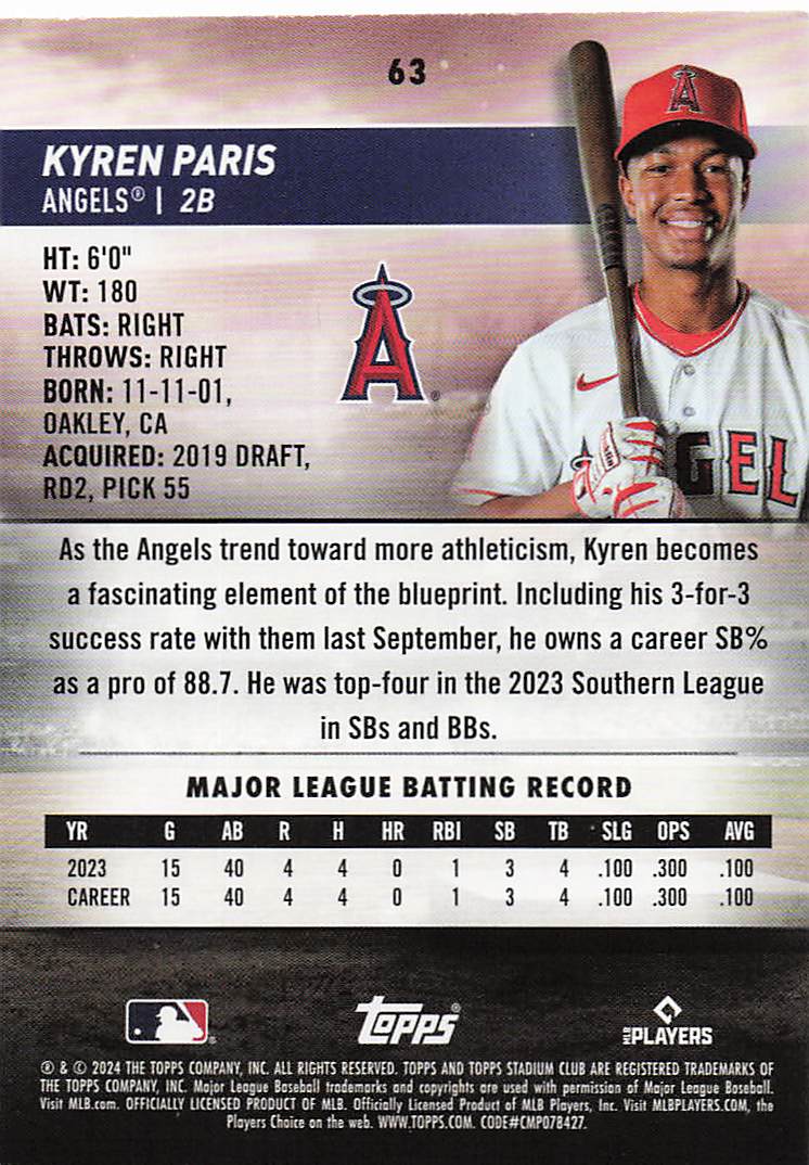 2024 Stadium Club Baseball Kyren Paris #63 Rookie