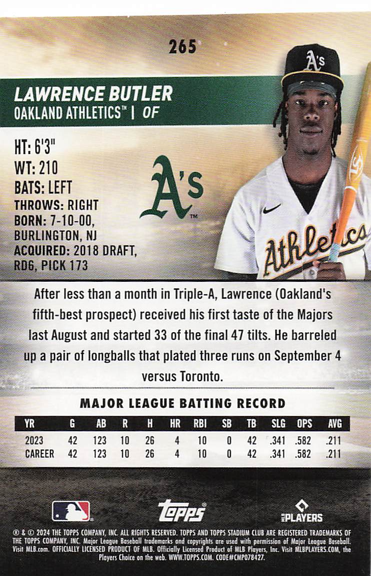 2024 Stadium Club Baseball Lawrence Butler #265 Rookie