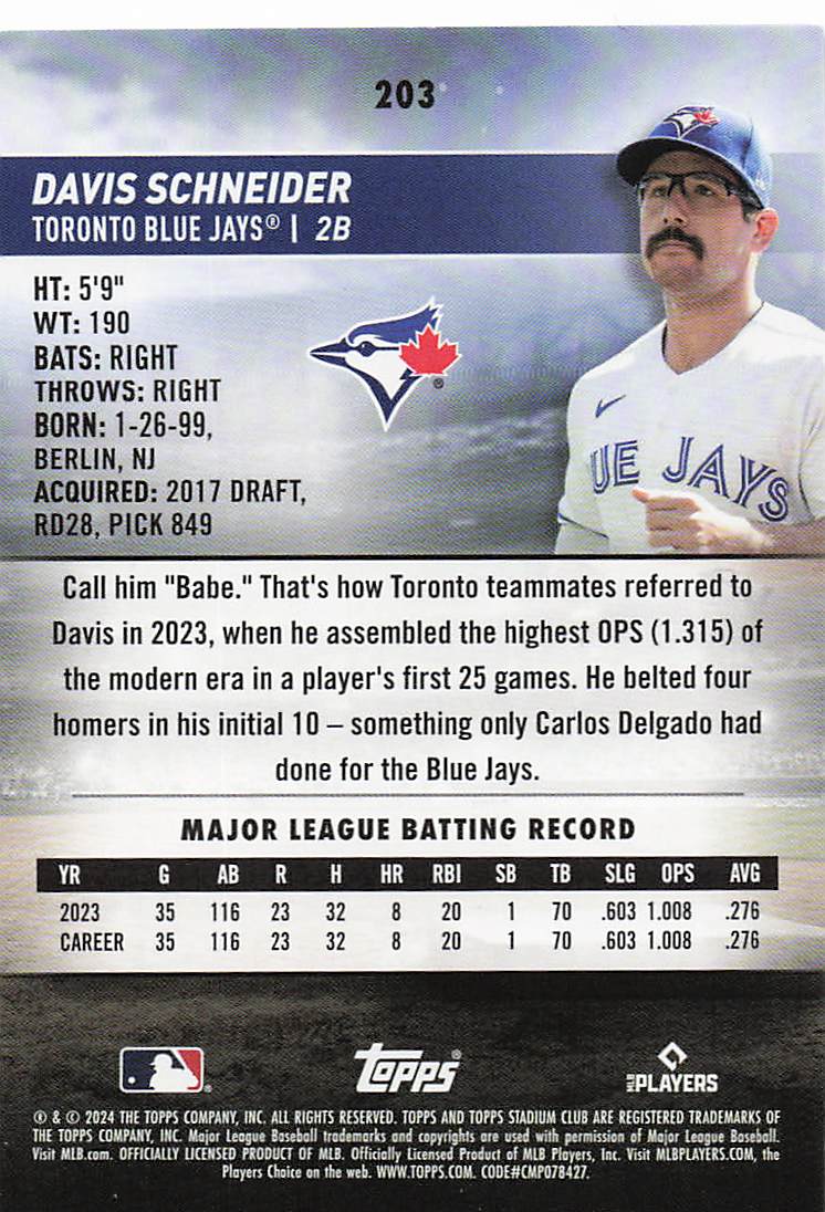 2024 Stadium Club Baseball Red Foil Davis Schneider #203