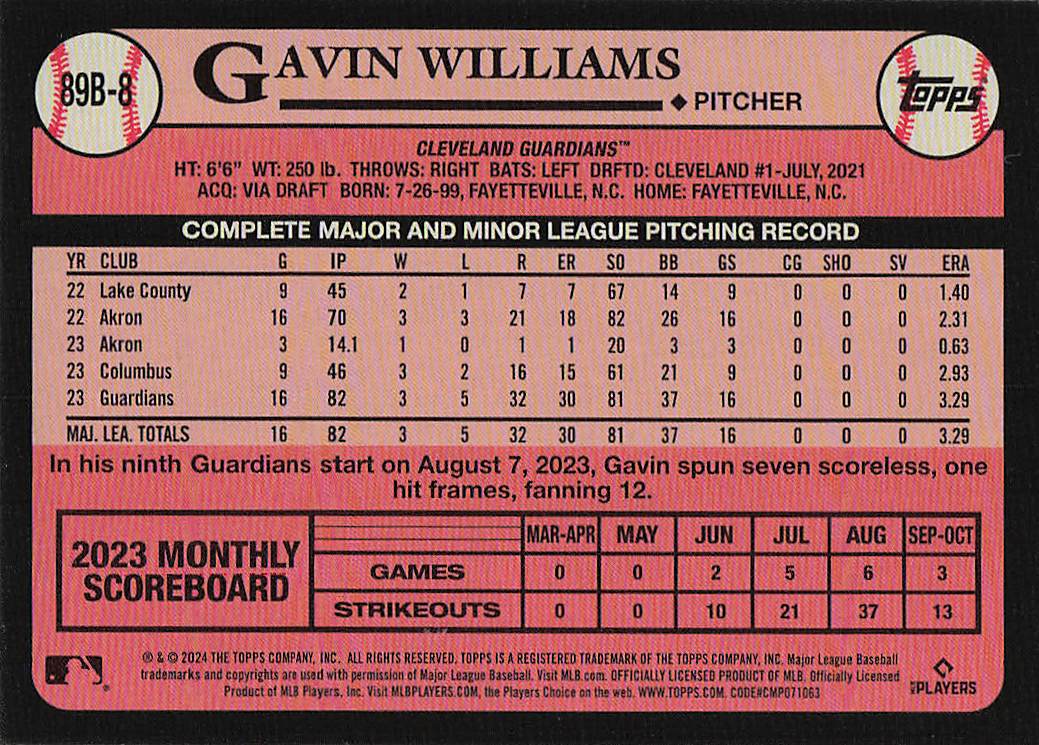 2024 Topps Baseball 1989 Topps Baseball Gavin Williams #89B-8