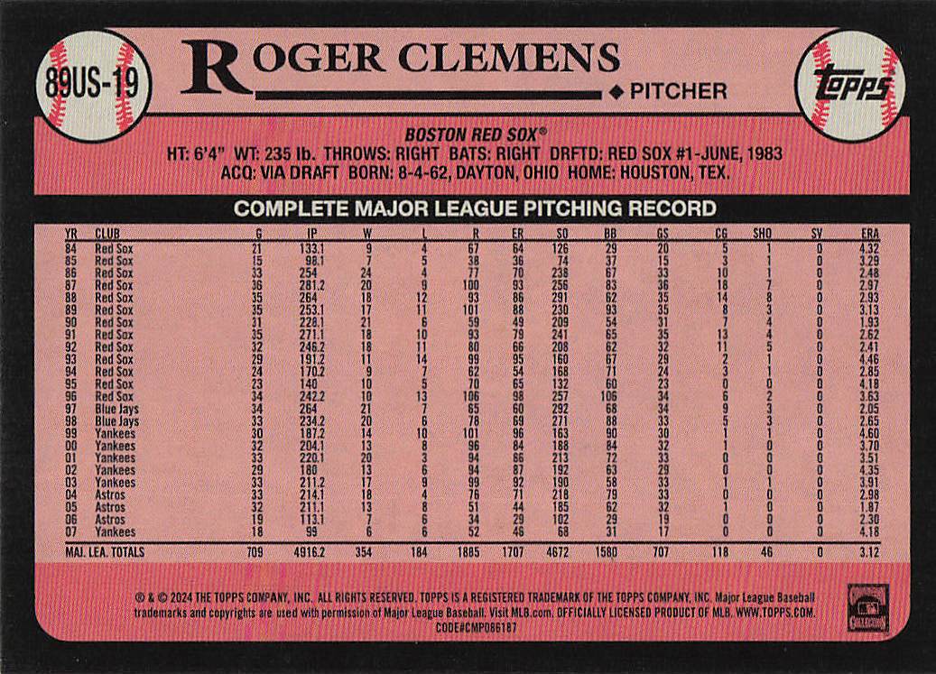 2024 Topps Update Baseball 1989 Topps Baseball Roger Clemens #89US-19