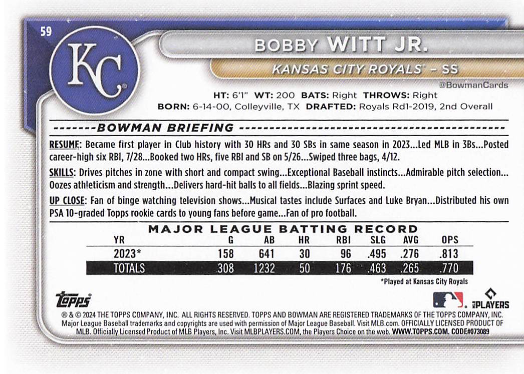 2024 Bowman Baseball Bobby Witt Jr. #59