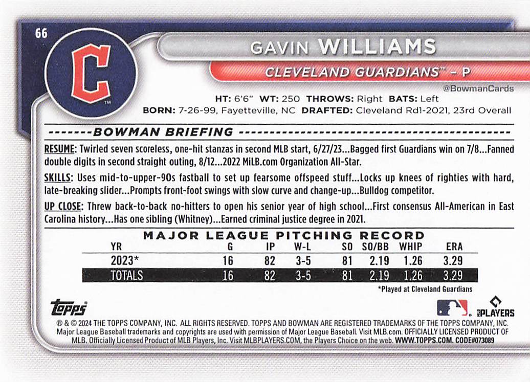 2024 Bowman Baseball Gavin Williams #66