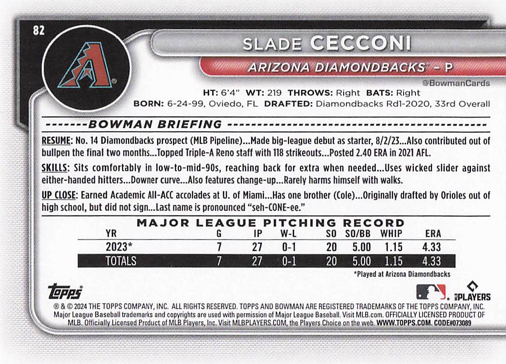 2024 Bowman Baseball Slade Cecconi #82