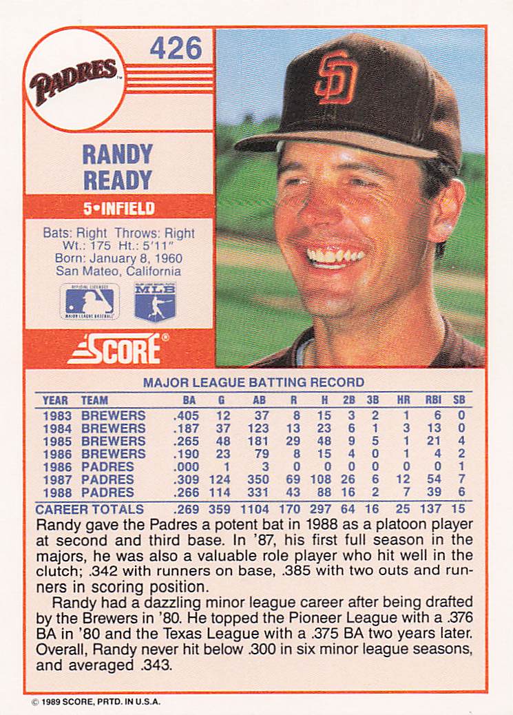 1989 Score Baseball Randy Ready #426
