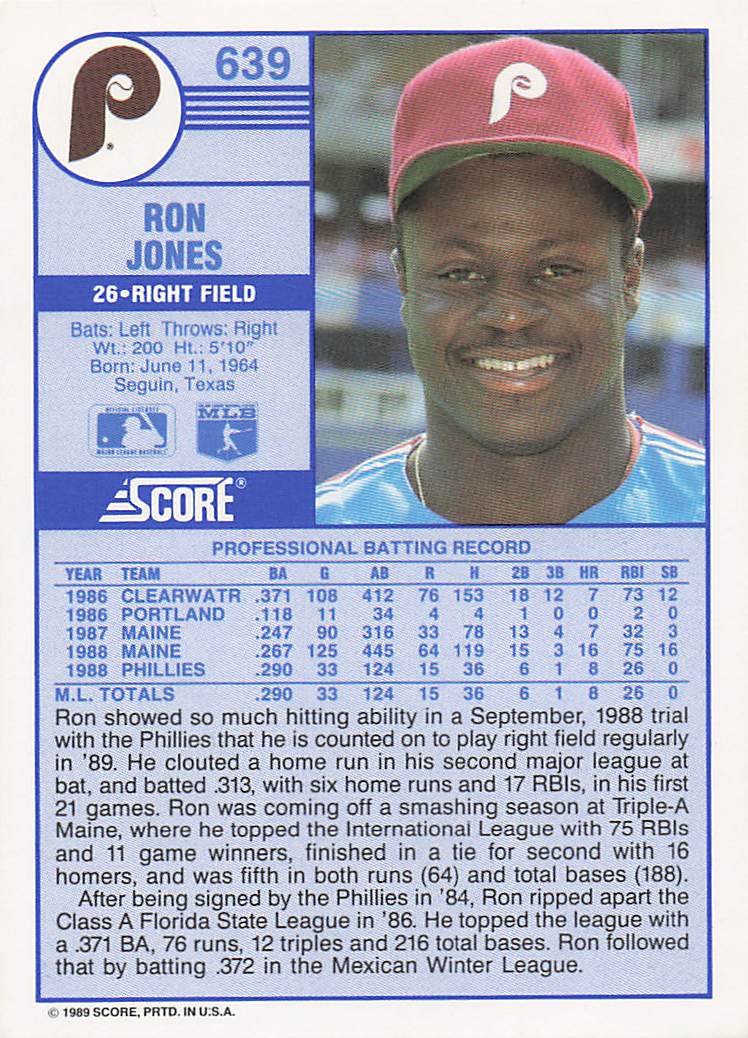 1989 Score Baseball Ron Jones #639 Rookie