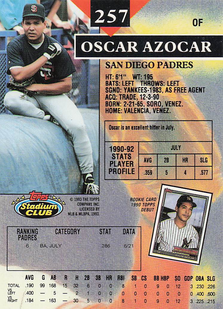 1993 Stadium Club Baseball Oscar Azocar #257