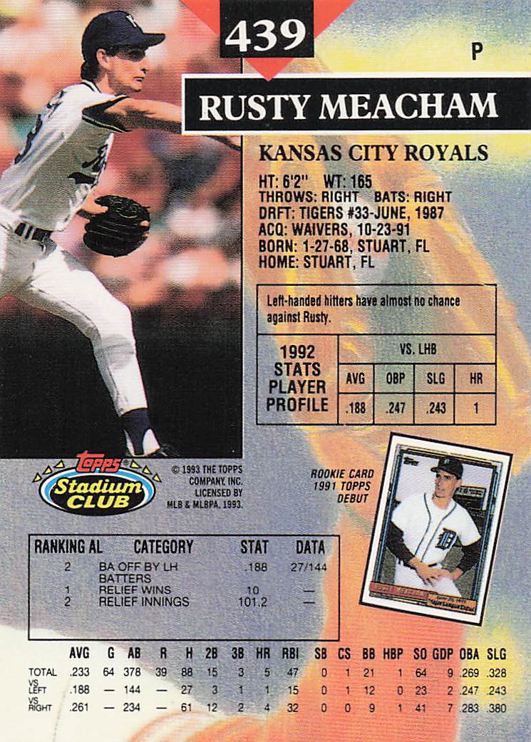 1993 Stadium Club Baseball Rusty Meacham #439
