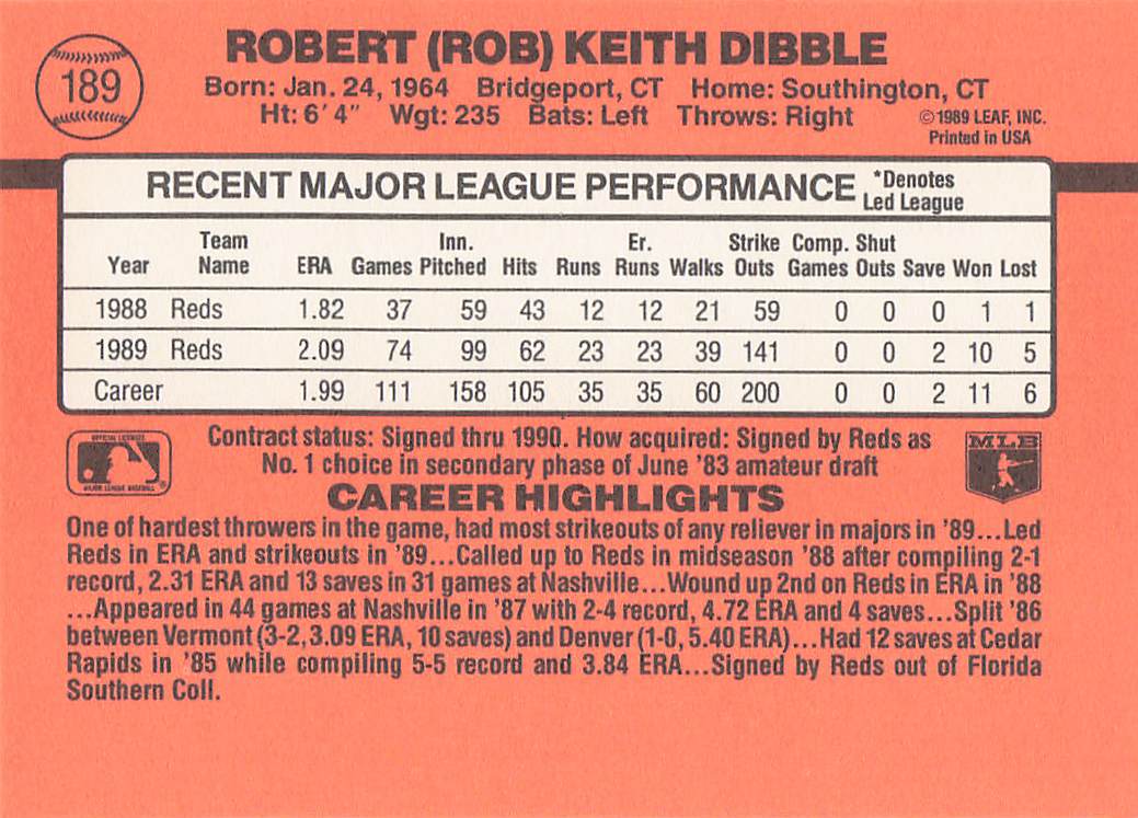 1990 Donruss Baseball Rob Dibble #189b