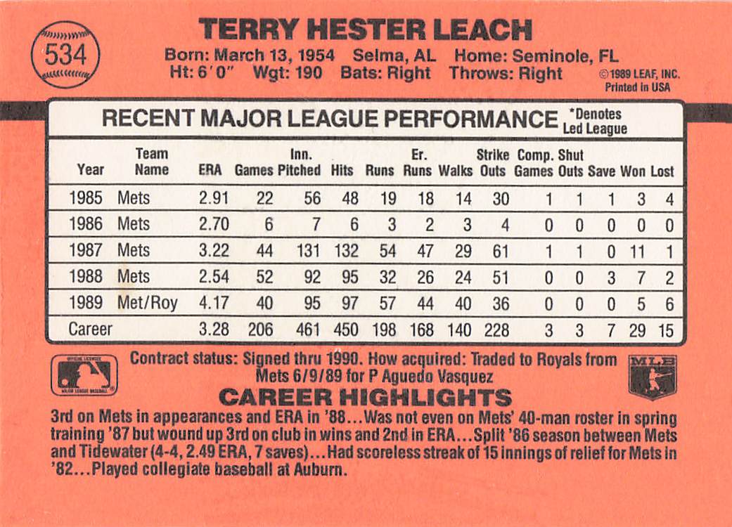 1990 Donruss Baseball Terry Leach #534