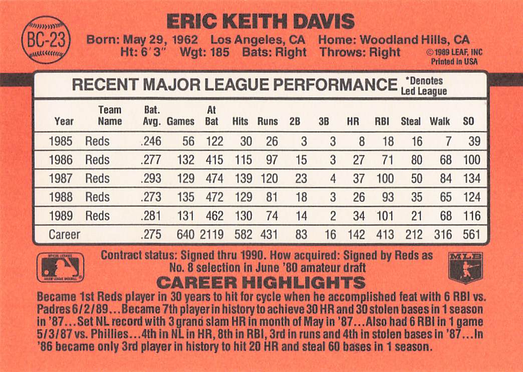 1990 Donruss Baseball Bonus MVP's Eric Davis #BC-23