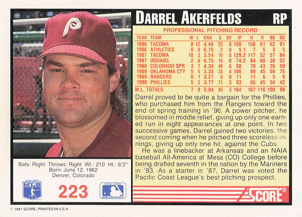 1991 Score Baseball Darrel Akerfelds #223