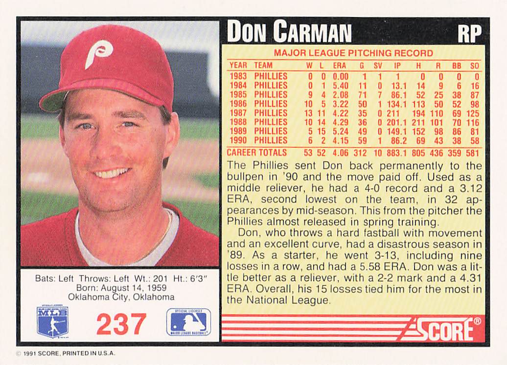 1991 Score Baseball Don Carman #237
