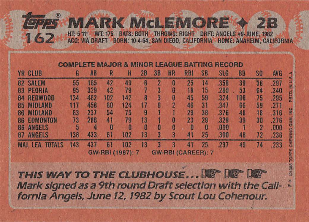 1988 Topps Baseball Mark McLemore #162