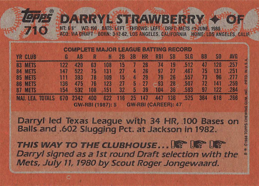 1988 Topps Baseball Darryl Strawberry #710