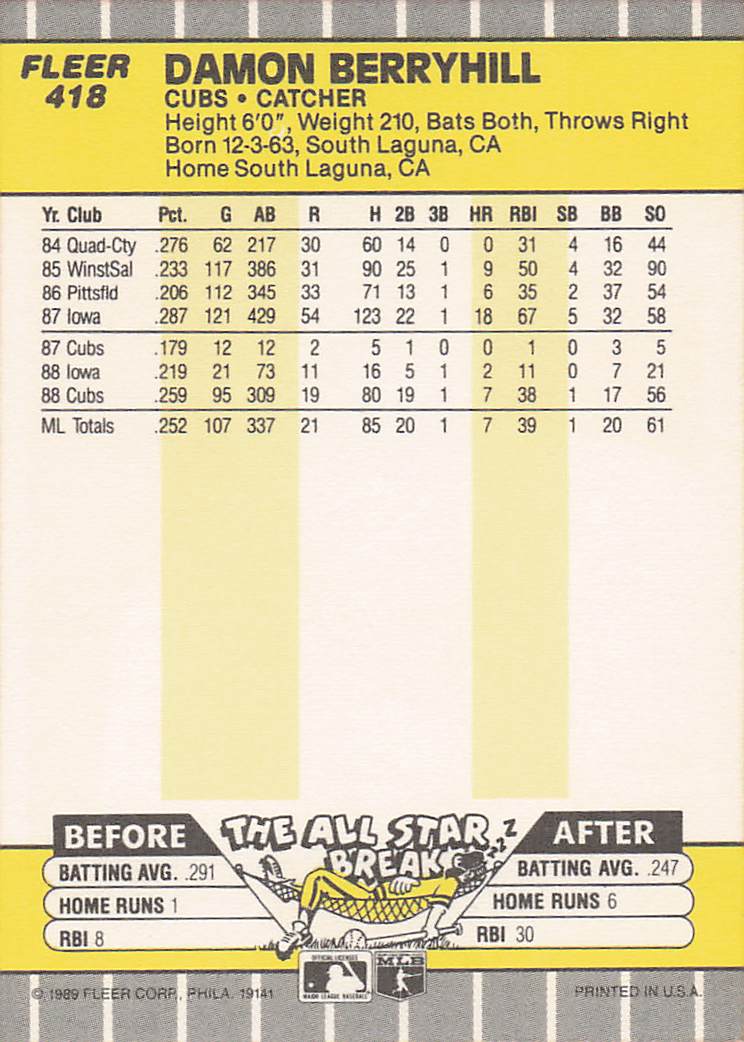 1989 Fleer Baseball Damon Berryhill #418