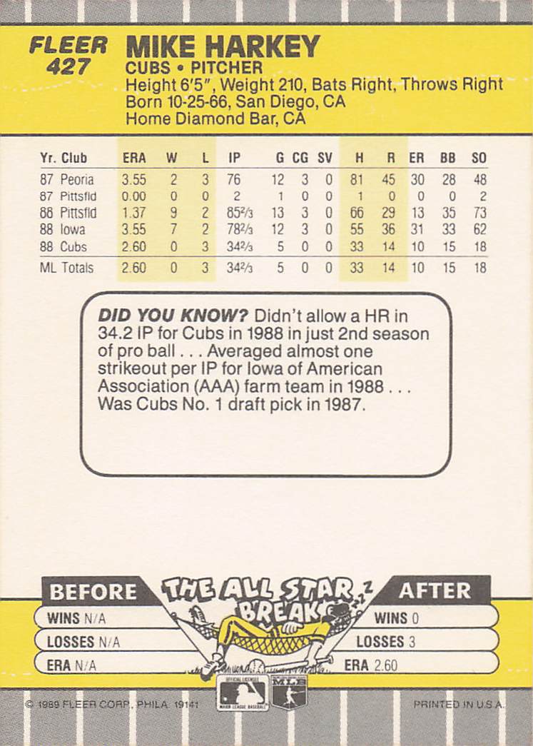 1989 Fleer Baseball Mike Harkey #427 Rookie