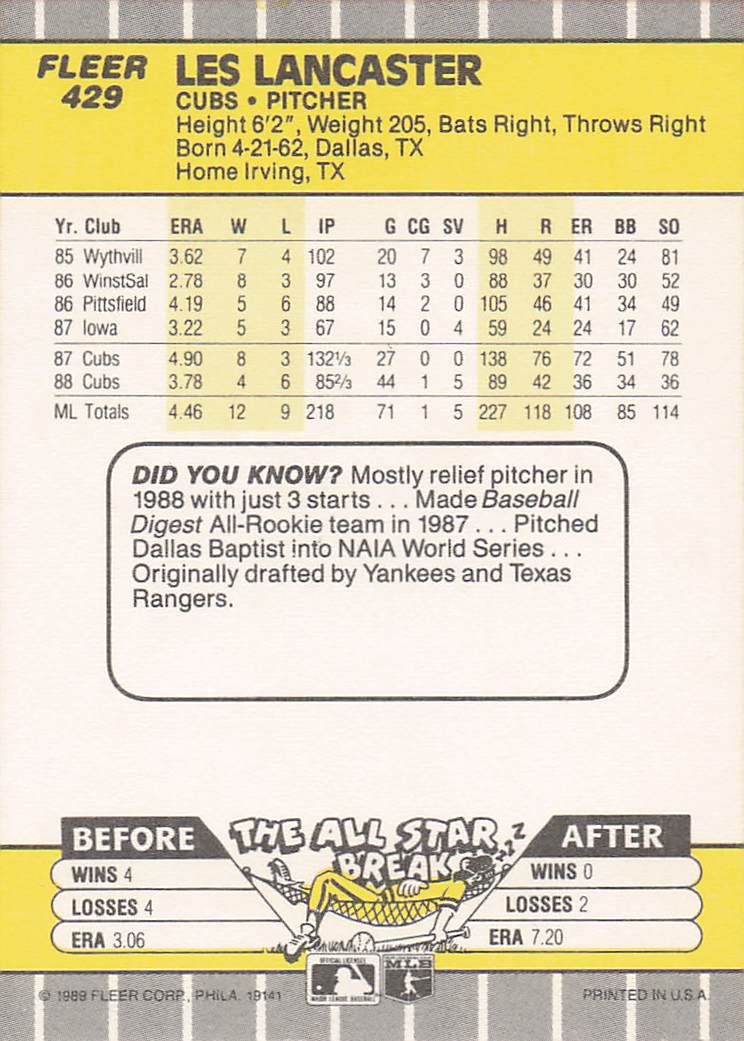 1989 Fleer Baseball Les Lancaster #429