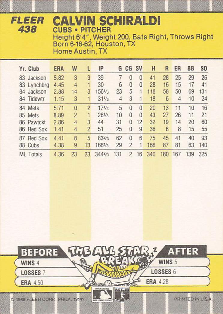 1989 Fleer Baseball Calvin Schiraldi #438