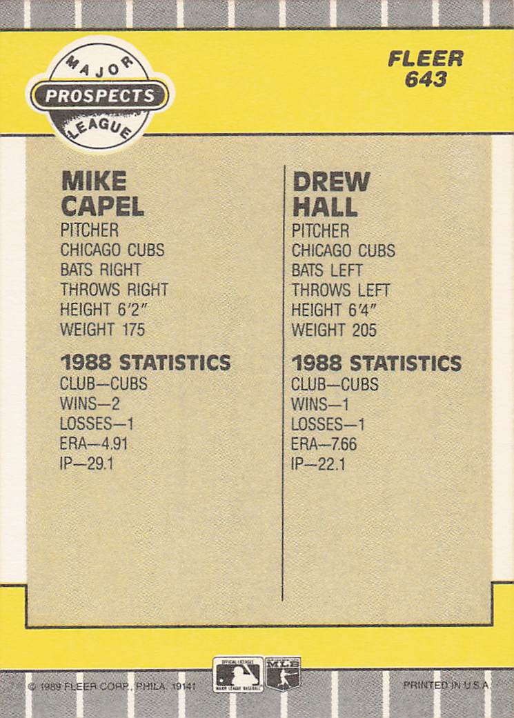 1989 Fleer Baseball Mike Capel / Drew Hall MLP #643 Rookie