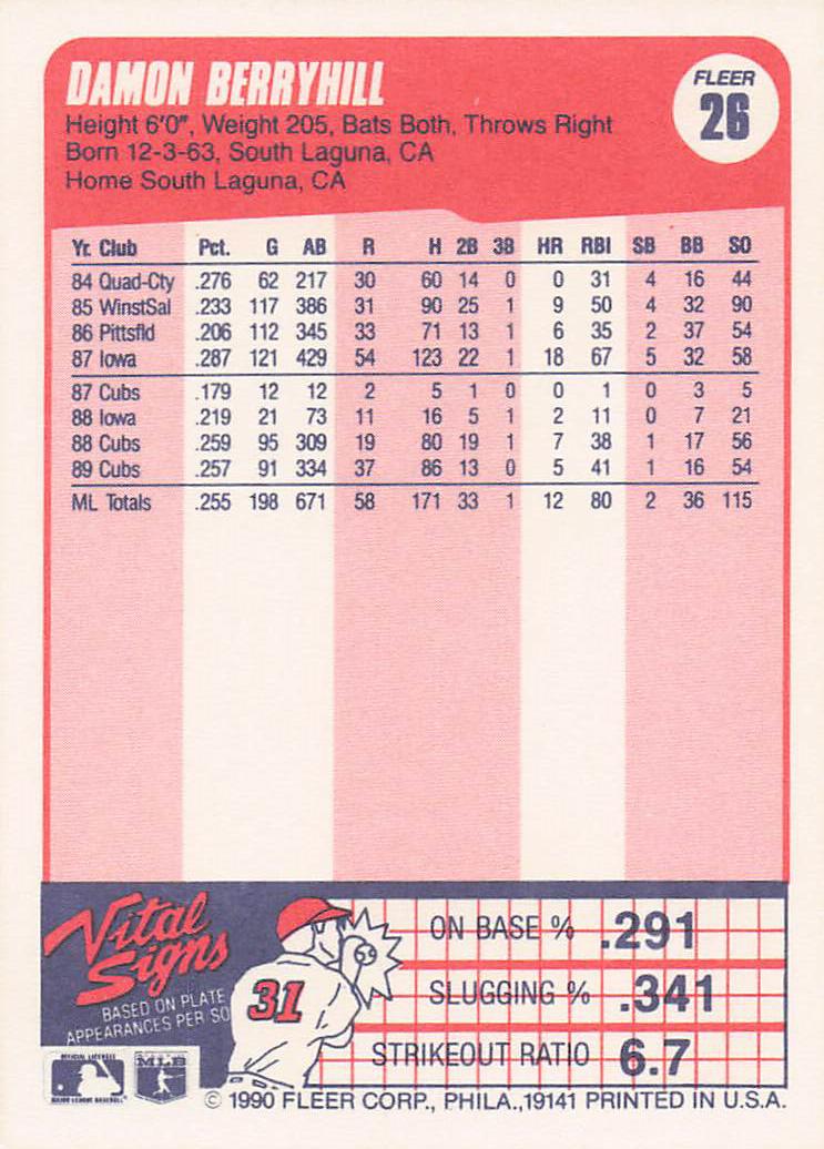 1990 Fleer Baseball Damon Berryhill #26b