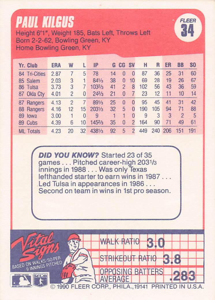 1990 Fleer Baseball Paul Kilgus #34