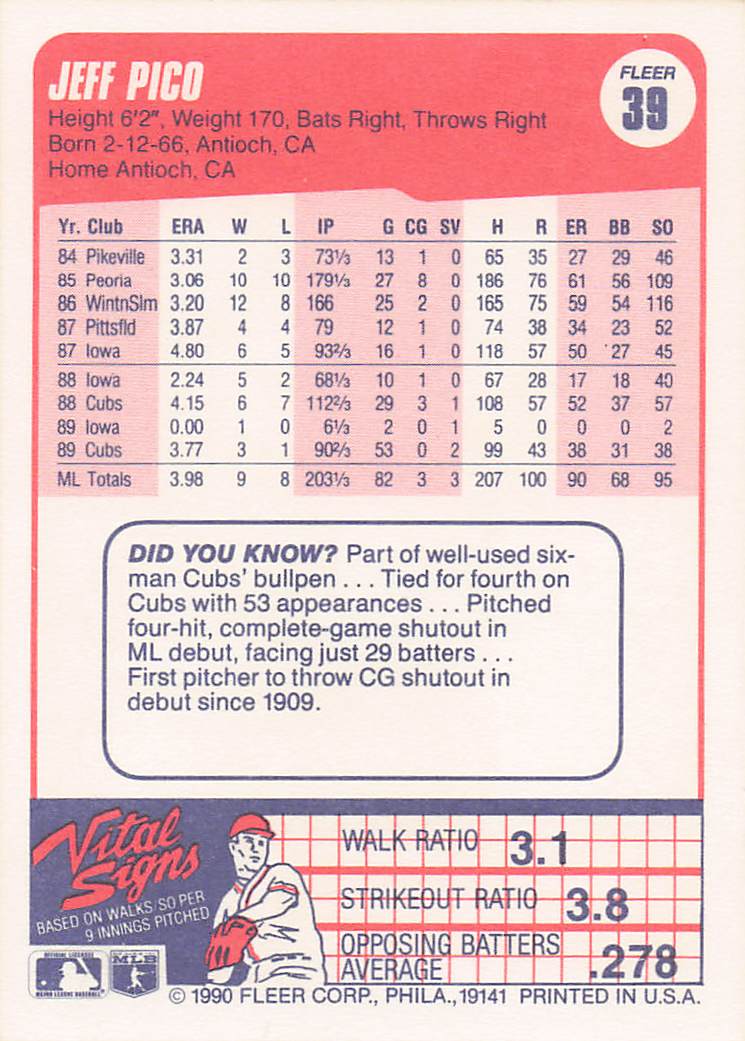 1990 Fleer Baseball Jeff Pico #39