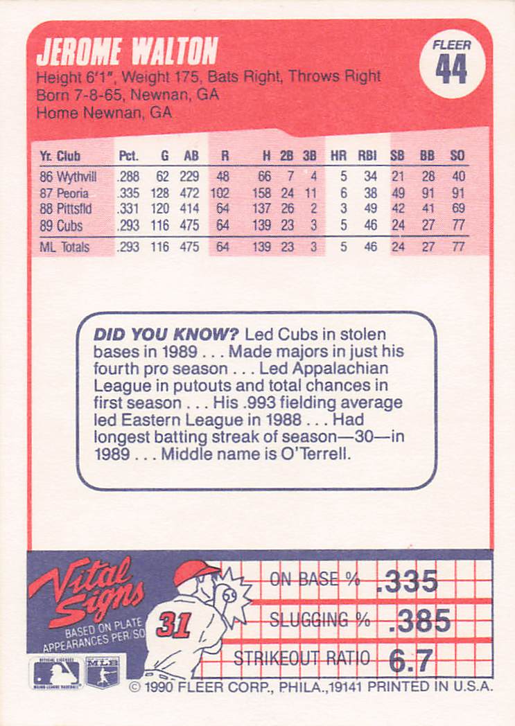 1990 Fleer Baseball Jerome Walton #44