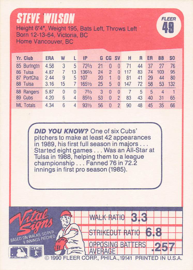 1990 Fleer Baseball Steve Wilson #49
