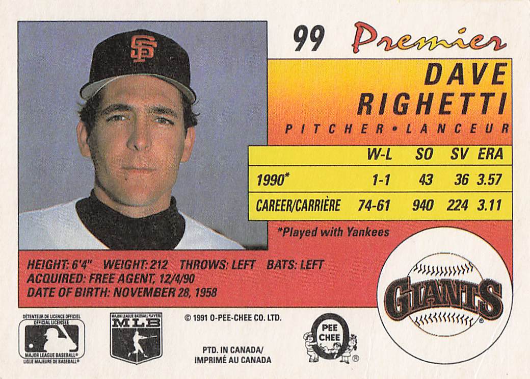 1991 O-Pee-Chee Premier Baseball Dave Righetti #99