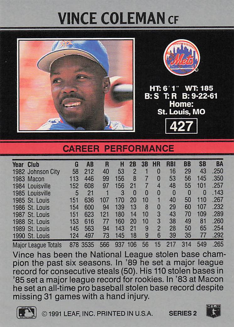 1991 Leaf Baseball Vince Coleman #427