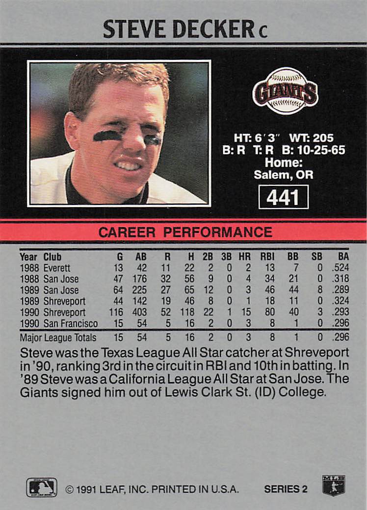 1991 Leaf Baseball Steve Decker #441 Rookie
