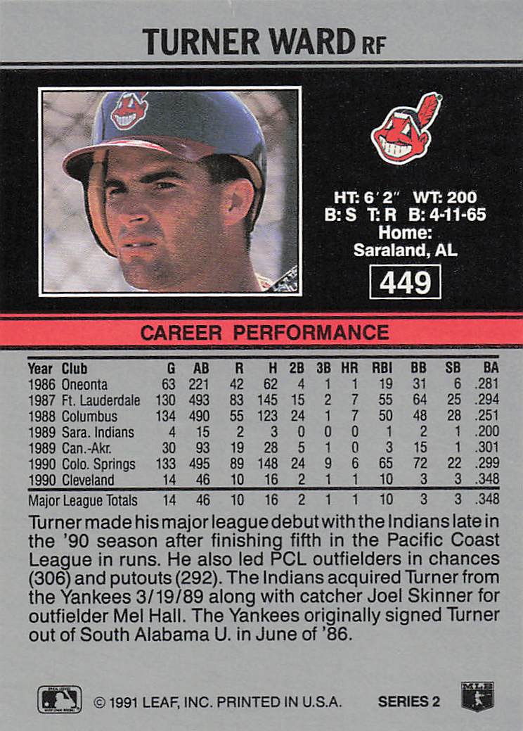 1991 Leaf Baseball Turner Ward #449 Rookie