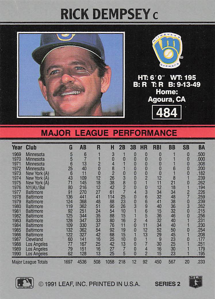 1991 Leaf Baseball Rick Dempsey #484