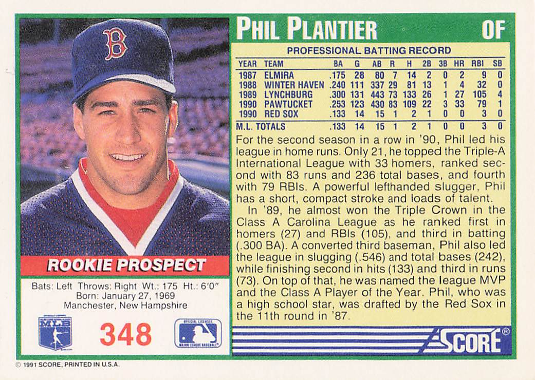 1991 Score Baseball Phil Plantier #348 Rookie