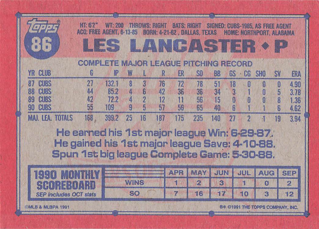 1991 Topps Baseball Les Lancaster #86b