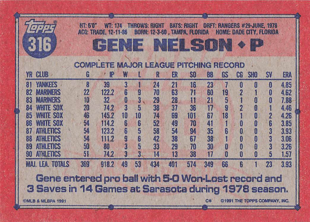1991 Topps Baseball Gene Nelson #316