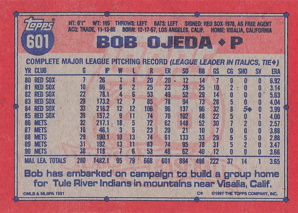 1991 Topps Baseball Bob Ojeda #601