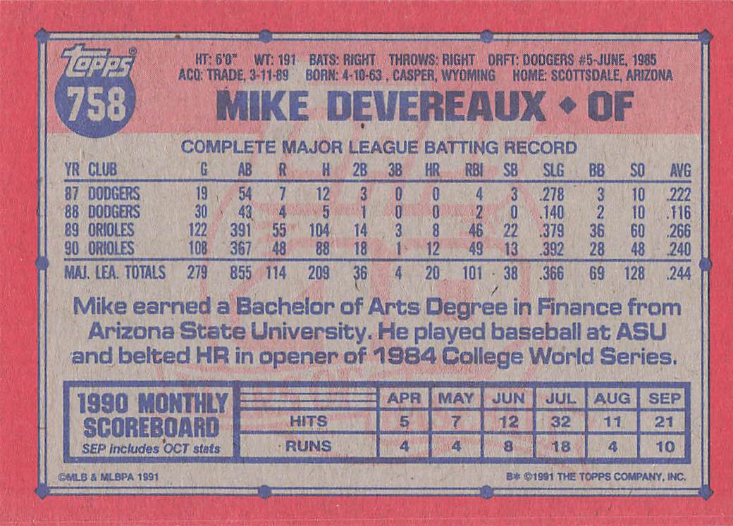 1991 Topps Baseball Mike Devereaux #758