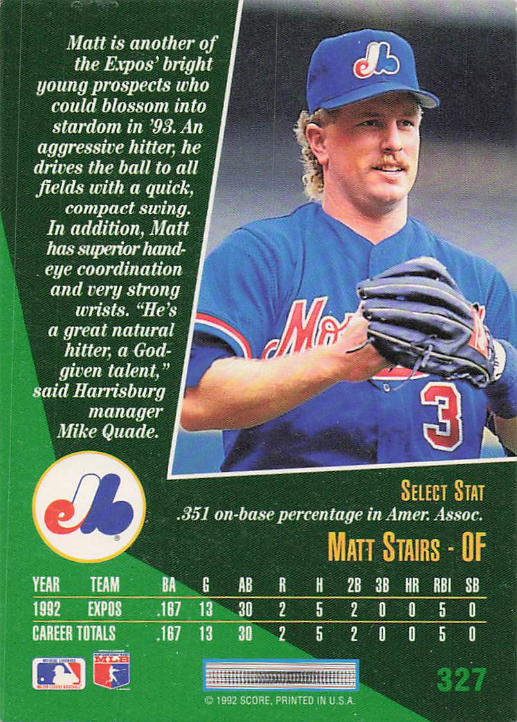 1993 Select Baseball Matt Stairs #327