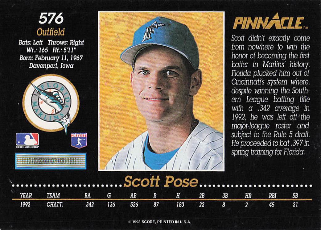 1993 Pinnacle Baseball Scott Pose #576 Rookie
