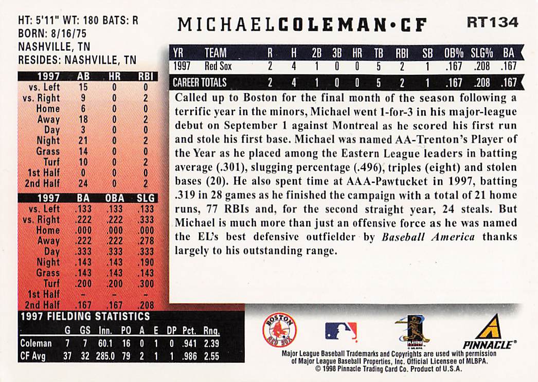 1998 Score Rookie & Traded Baseball Michael Coleman #RT134