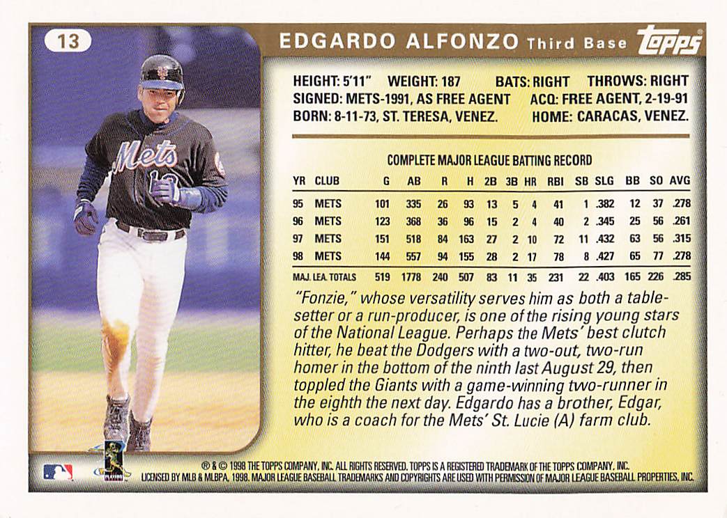 1999 Topps Baseball Edgardo Alfonzo #13