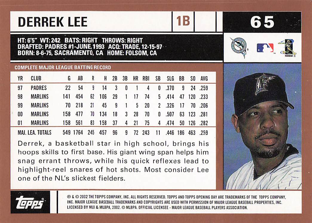 2002 Topps Opening Day Baseball Derrek Lee #65