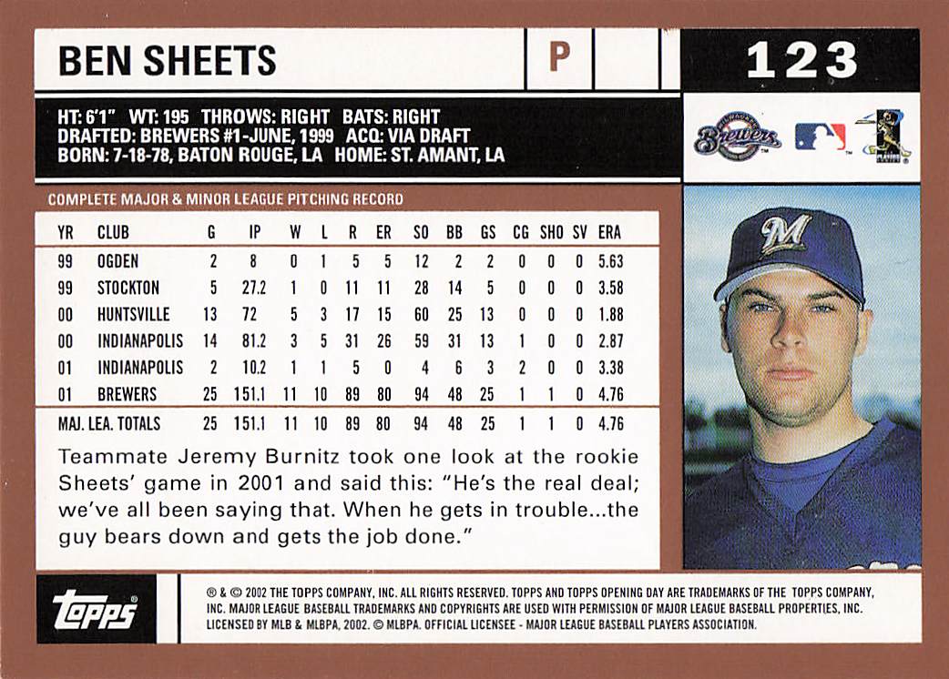 2002 Topps Opening Day Baseball Ben Sheets #123