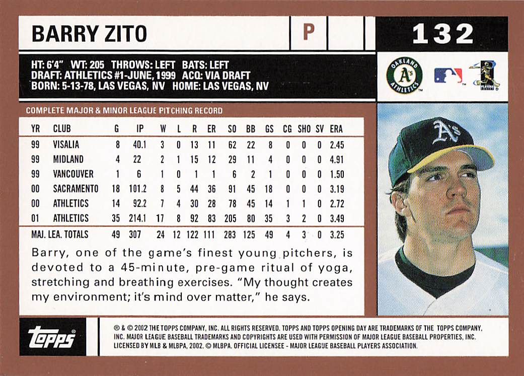 2002 Topps Opening Day Baseball Barry Zito #132